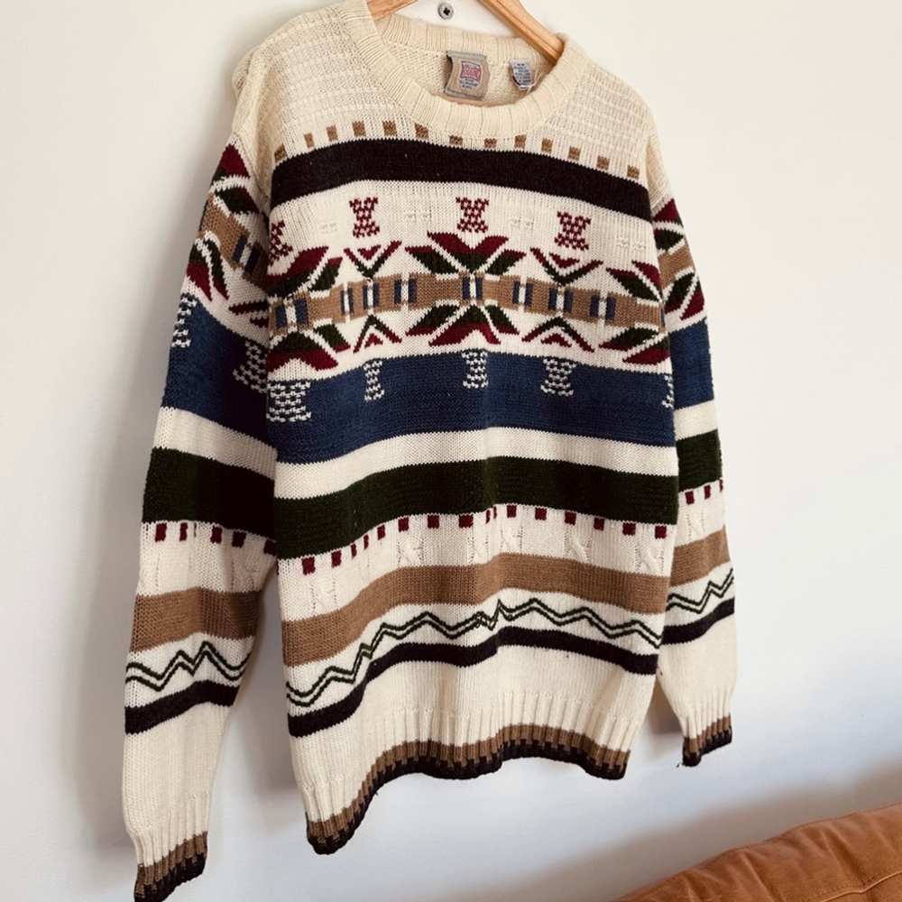 Vintage Aztec Crew knit Sweater - multi-coloured on cream - M - oversized - Picture 3 of 6